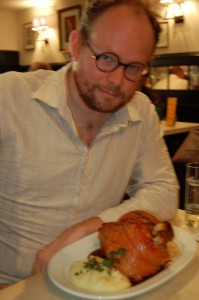 pork knuckle Schweinshaxe as Big as My Head at Gilden im Zims (note empty glass of Gilden Kölsch)